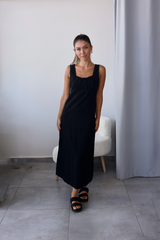 Siyah Önü Büzgülü Keten Elbise