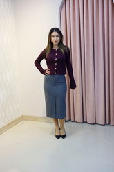 Koyu Gri Önden Yırtmaçlı Kalem Etek