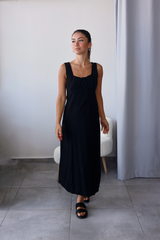 Siyah Önü Büzgülü Keten Elbise