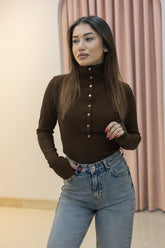 Kahverengi Ottoman Düğmeli Fit Bluz