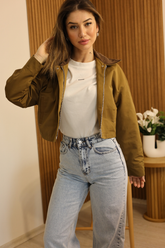 Yağ Yeşili Kadife Yaka Crop Ceket