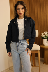 Lacivert Kadife Yaka Crop Ceket