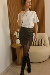 Haki Yırtmaçlı Deri Etek