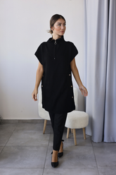 Siyah Triko Detaylı Yarım Kol Tunik