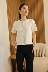 Beyaz Gold Düğme Kısa Kol Hırka