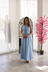 Mavi Kemer Detaylı Elbise