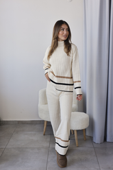 Ekru Çizgi Detaylı Triko İkili Takım