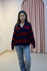 Polo Yaka Bordo Çizgili Oversize Triko Kazak