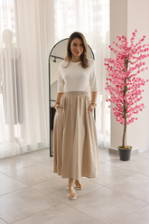 Taş Rengi Tensel Cepli Belden Lastikli Etek