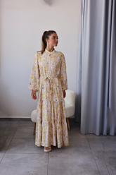 Sarı Çiçek Desenli Gömlek Yaka Elbise