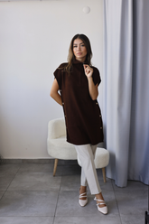 Acı Kahve Triko Detaylı Yarım Kol Tunik
