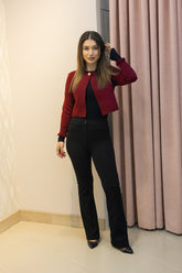 Bordo Peluş Manşet Detaylı Triko Hırka