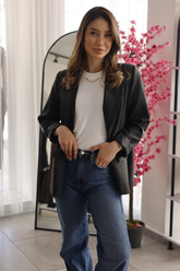 Antrasit Deri Garnili Oversize Ceket