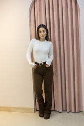 Kahverengi Kemerli Yüksek Bel Düz Paça Jean Pantolon