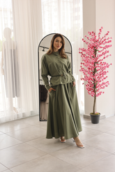 Yeşil Kemerli Gömlek Etek Takım