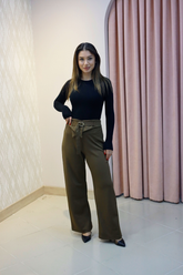 Kahve Kemer Detaylı Yüksek Bel Pantolon