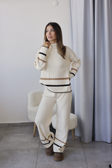 Ekru Çizgi Detaylı Triko İkili Takım