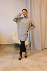 Gri Boğazlı Yan Düğmeli Triko Tunik