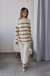 Krem Karamel Çizgili Triko İkili Takım