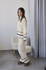 Ekru Çizgi Detaylı Triko İkili Takım