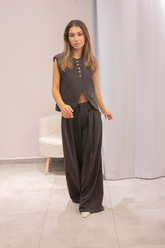 Koyu Kahve Vatkalı Yelek Pantolon Takım