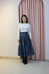 Yüksek Bel Kareli Midi Etek