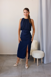 Lacivert Yırtmaç Detaylı Elbise