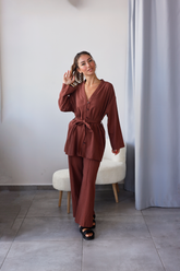 Kiremit Rengi Kuşaklı Dökümlü Takım