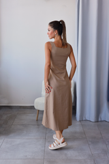 Karamel Önü Büzgülü Keten Elbise