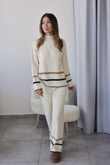 Ekru Çizgi Detaylı Triko İkili Takım