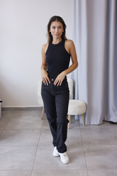 Siyah Çizgili Yüksek Bel Mom Jean Pantolon