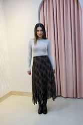 Kahverengi Desenli Asimetrik Şifon Etek