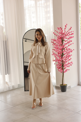 Bej Fiyonk Yaka Detaylı Ceket Etek Takım