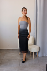 Gri Siyah Tül Detaylı Straplez Elbise