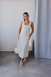 Ekru Önü Büzgülü Keten Elbise