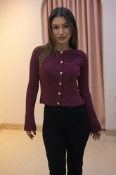 Bordo Gold Düğmeli Fitilli Hırka