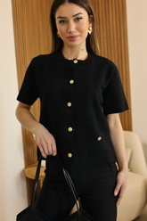 Siyah Gold Düğme Kısa Kol Hırka