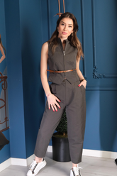 Koyu Haki Kemer Detaylı Yelek Takım