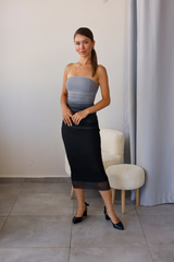 Gri Siyah Tül Detaylı Straplez Elbise