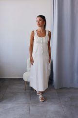 Ekru Önü Büzgülü Keten Elbise