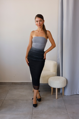 Gri Siyah Tül Detaylı Straplez Elbise