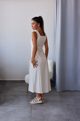 Ekru Önü Büzgülü Keten Elbise