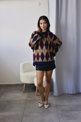 Lacivert Bordo Baklava Desenli Triko Kazak