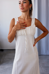 Ekru Önü Büzgülü Keten Elbise