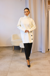 Krem Boğazlı Yan Düğmeli Triko Tunik