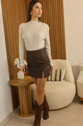 Kahverengi Yırtmaçlı Deri Etek