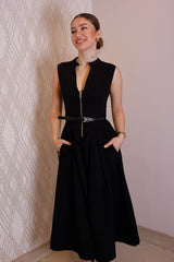 Siyah Fermuar Detaylı Midi Elbise