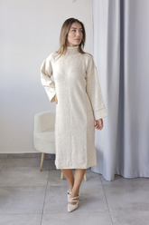 Ekru Boğazlı Triko Tunik Elbise