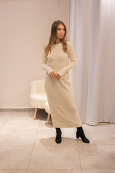 Krem Örgü Desenli Triko İkili Takım