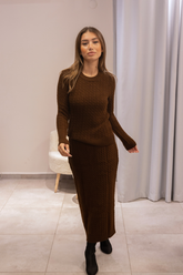 Kahverengi Örgü Desenli Triko İkili Takım